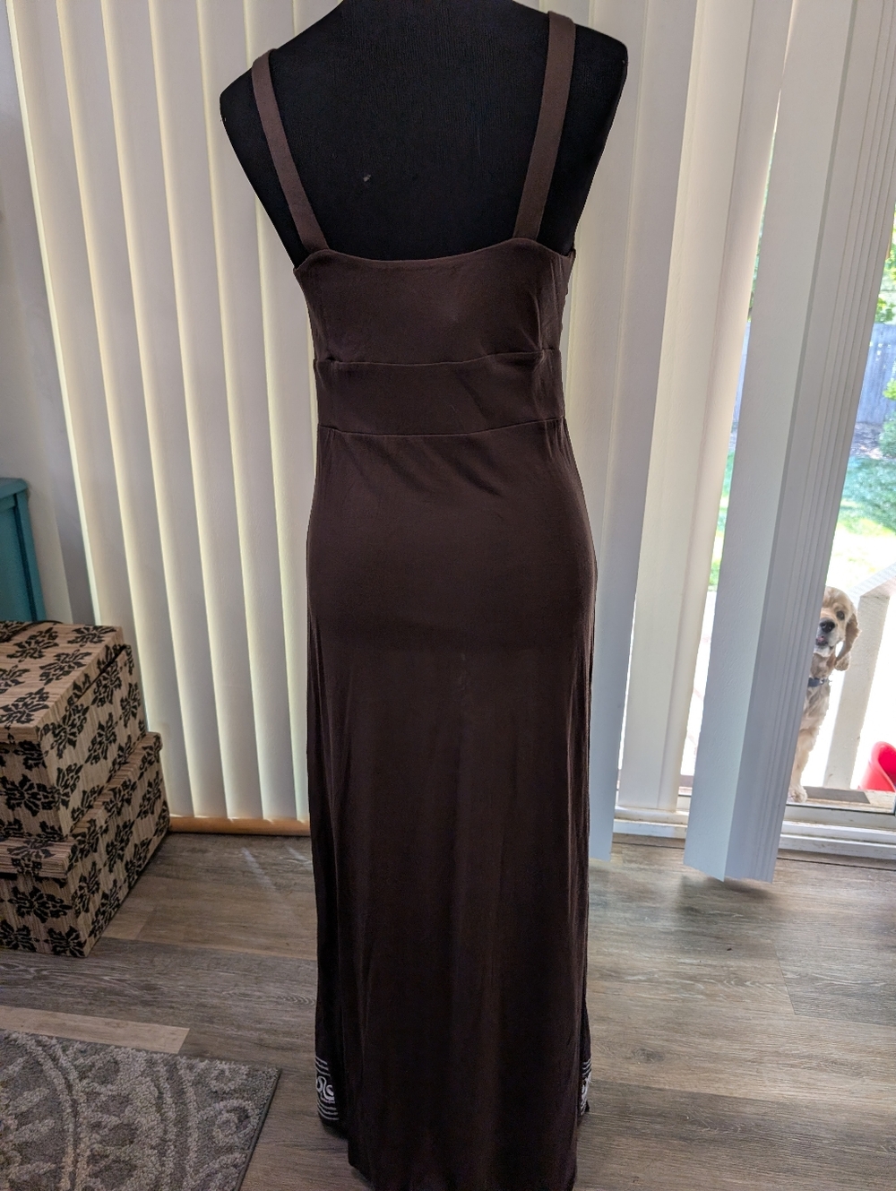 INC Chocolate Brown Maxi Dress with White Stitch and Gold Jewel Details - Picture 5 of 6